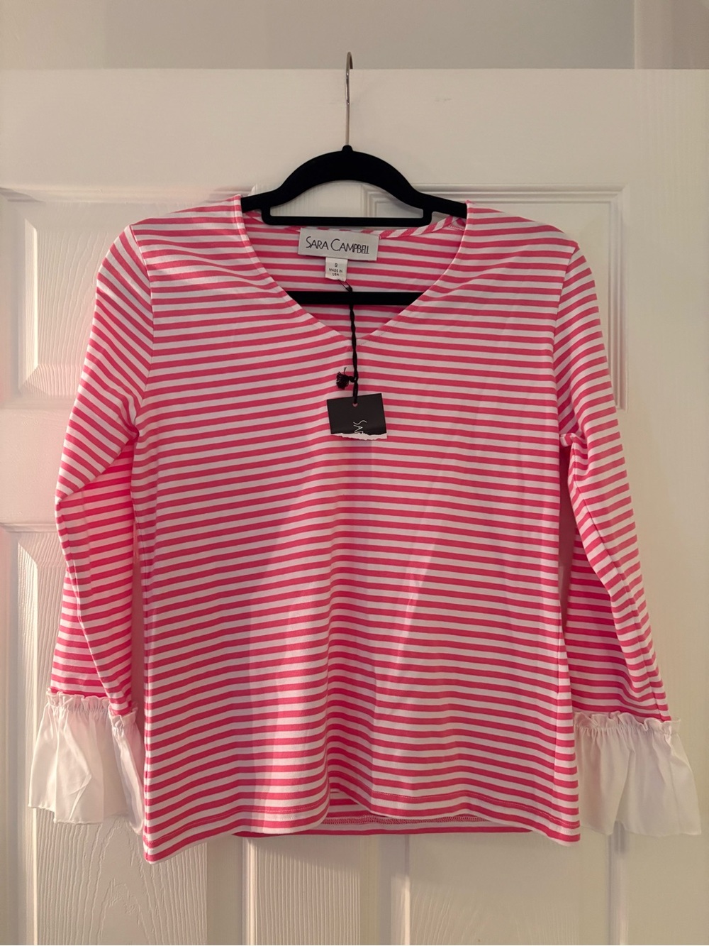 Sara Campbell Pink & White Striped Ruffle Sleeve Tee
